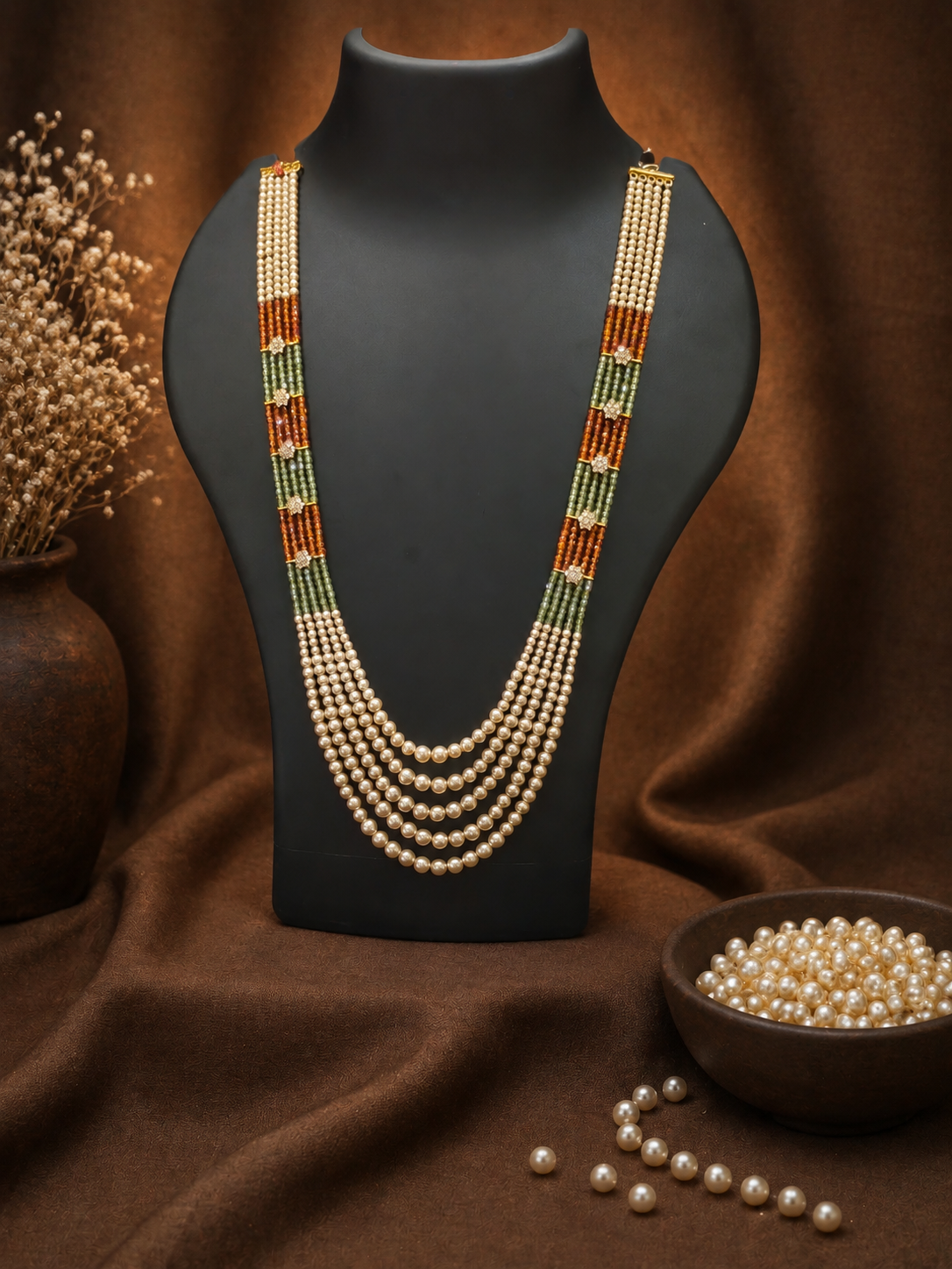 5 Layered Pearl Chain-Green & Orange