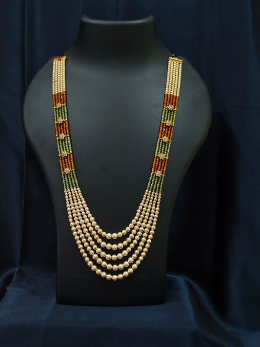 5 Layered Pearl Chain-Green & Orange
