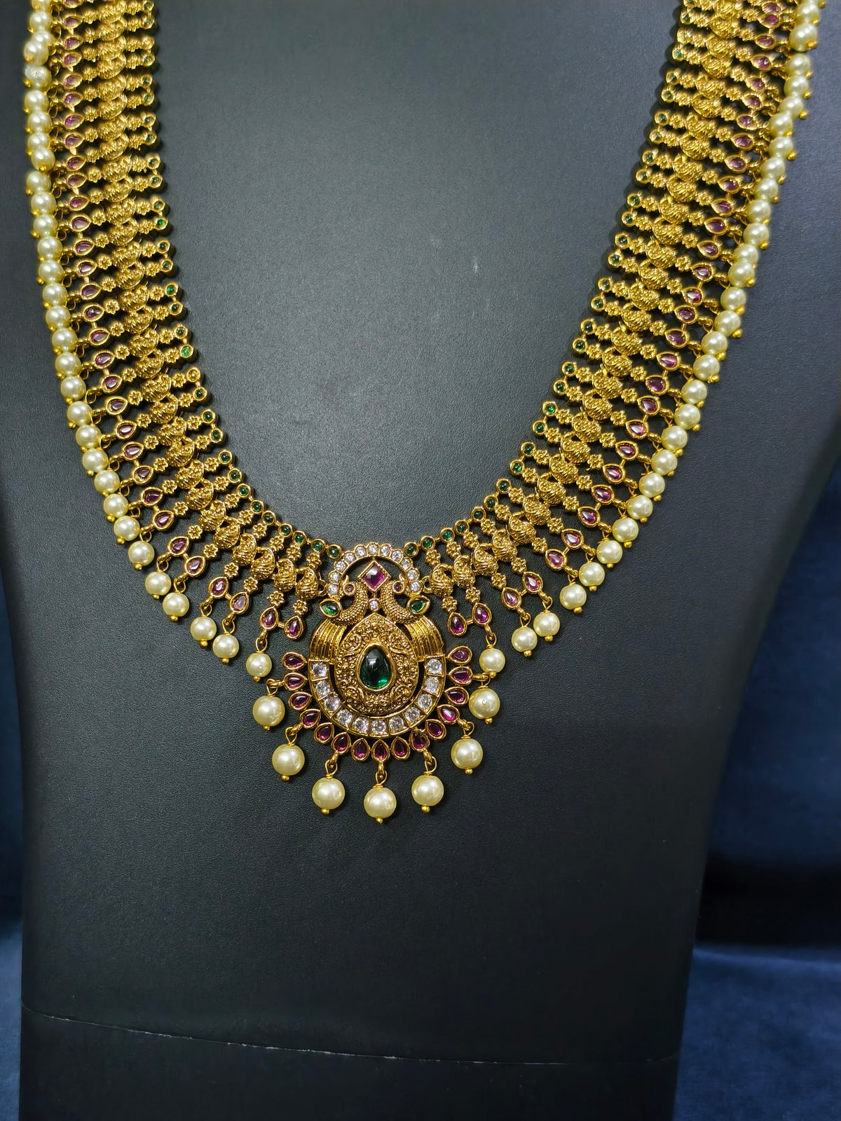Ruby Emerald Peacock Haram Necklace Set with Jhumka Earrings