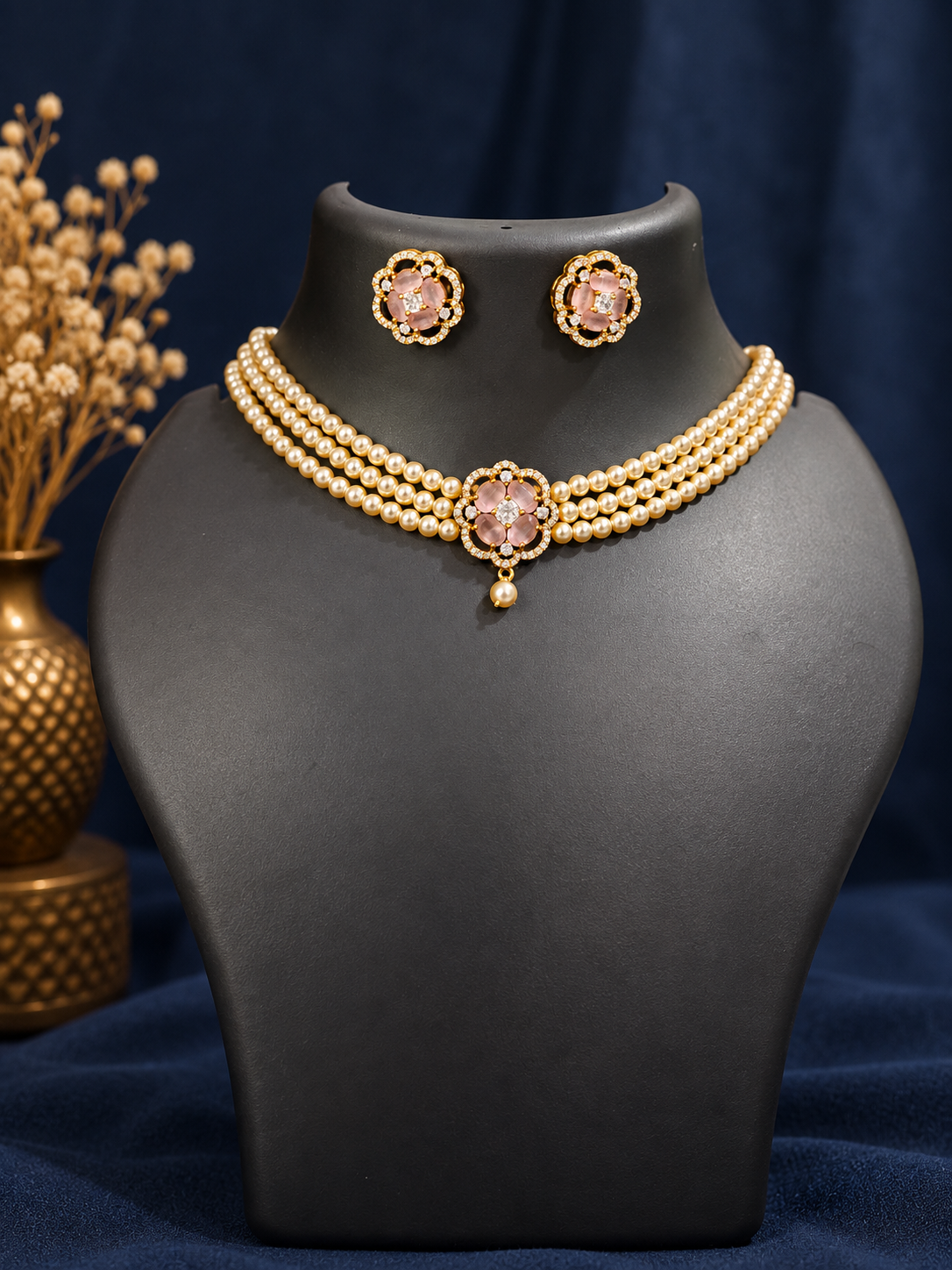 Pearl Choker Necklace Set with Pink Stone Floral Pendant