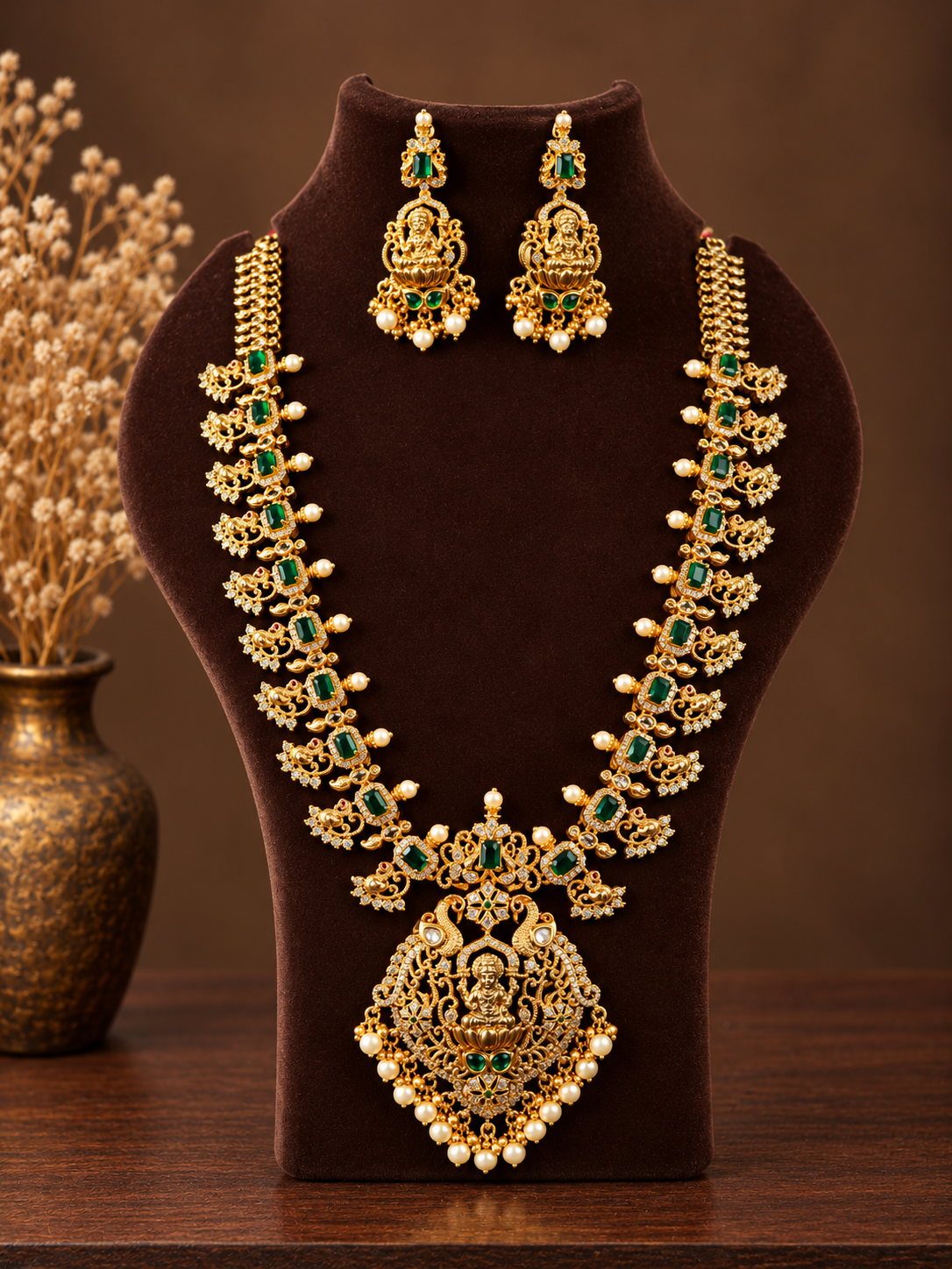 Emerald Green Peacock Lakshmi Long Haram Set