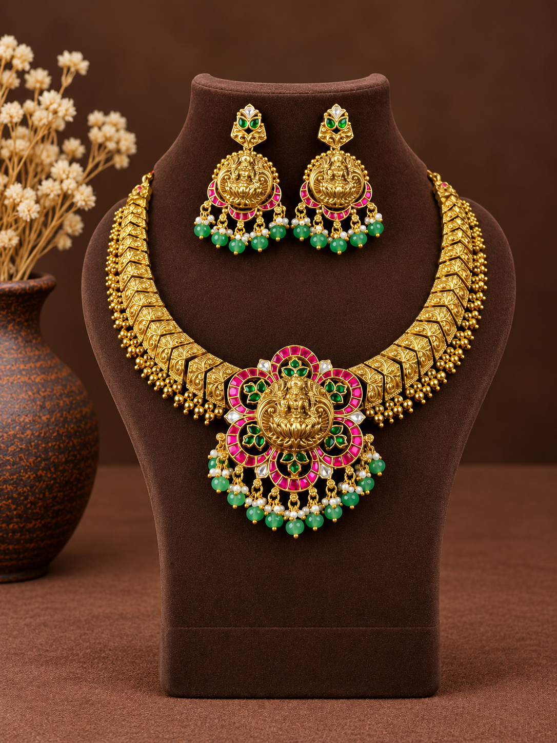 Lakshmi Kundan Flower Pendant Necklace Set – Ruby Green & Mint Beads