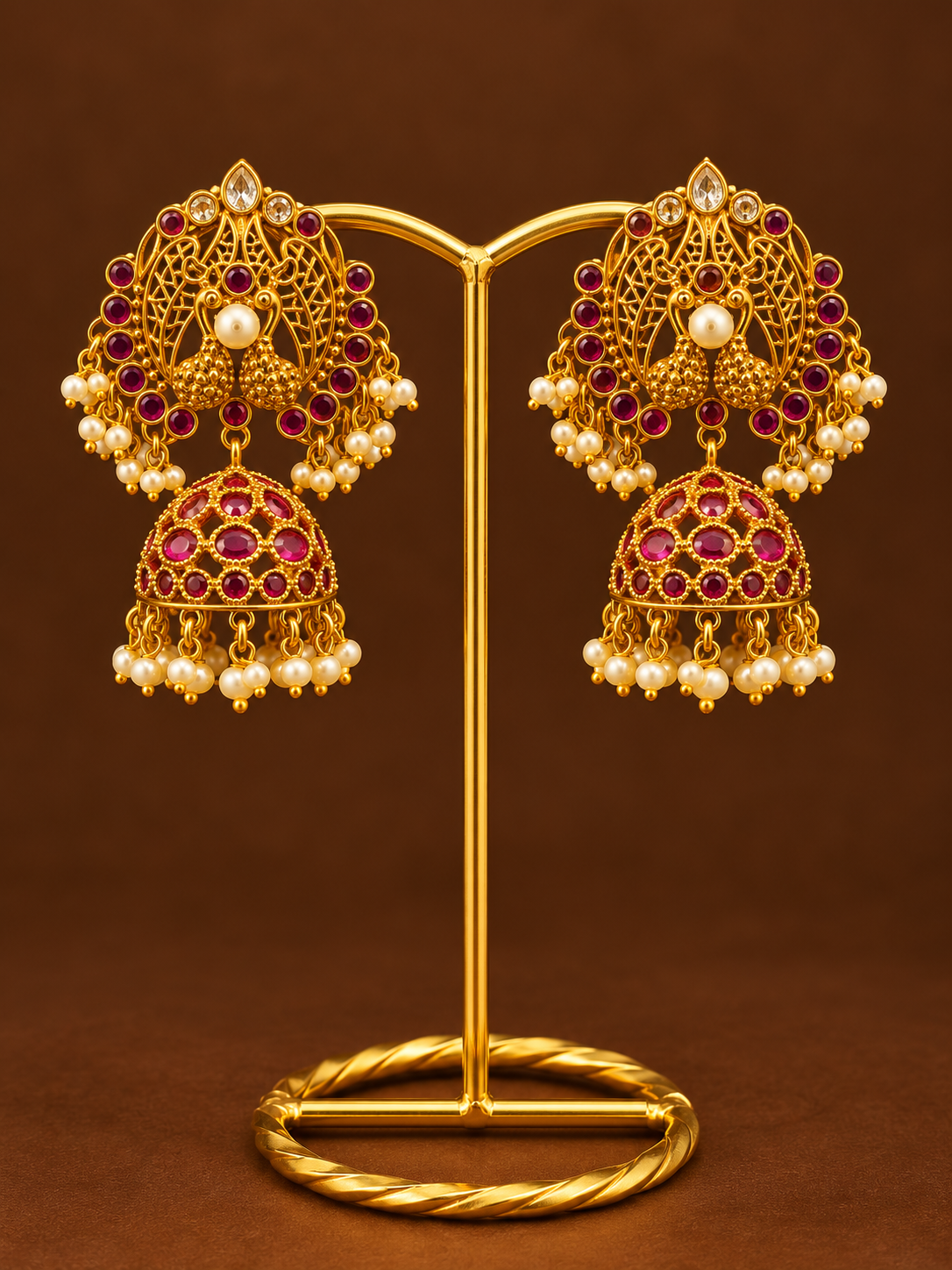 Ruby Peacock Filigree Jhumkas