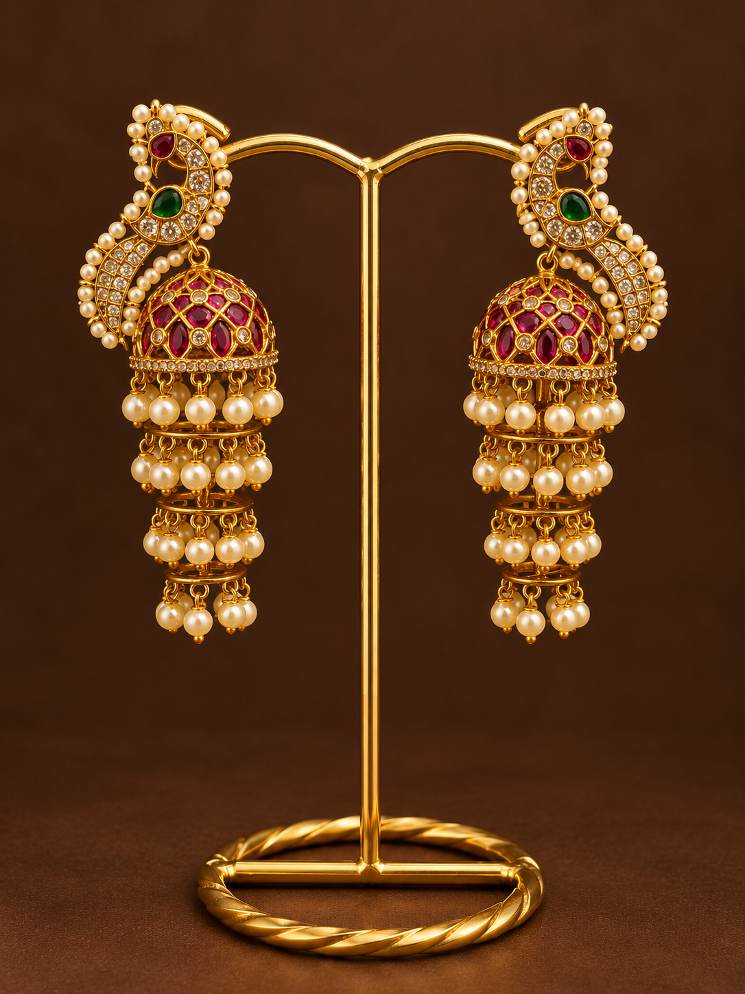 Pearl Cascade Peacock Jhumkas