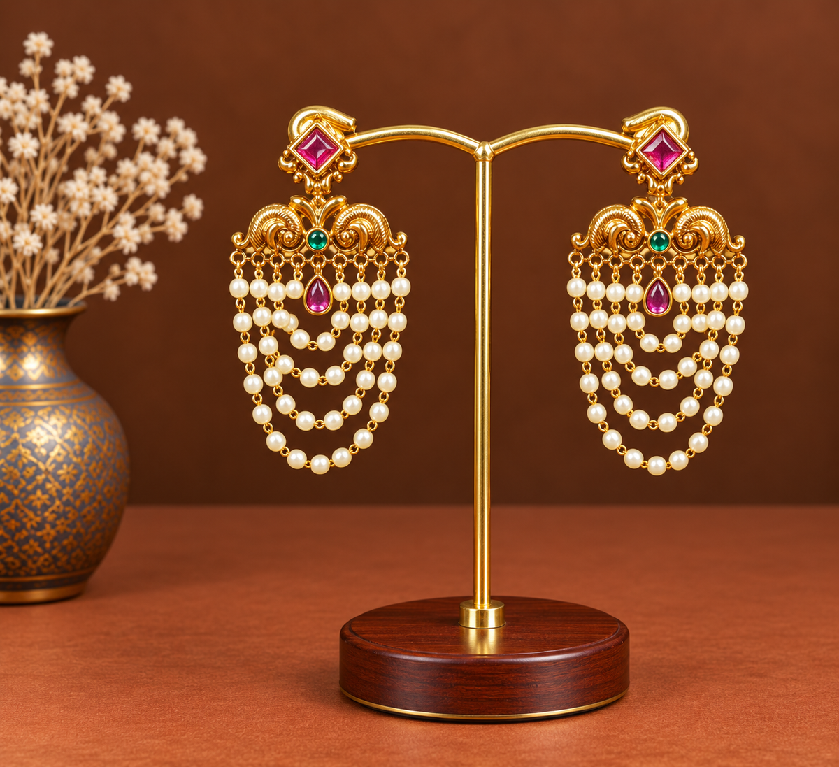 Pink Scroll Pearl Swag Earrings