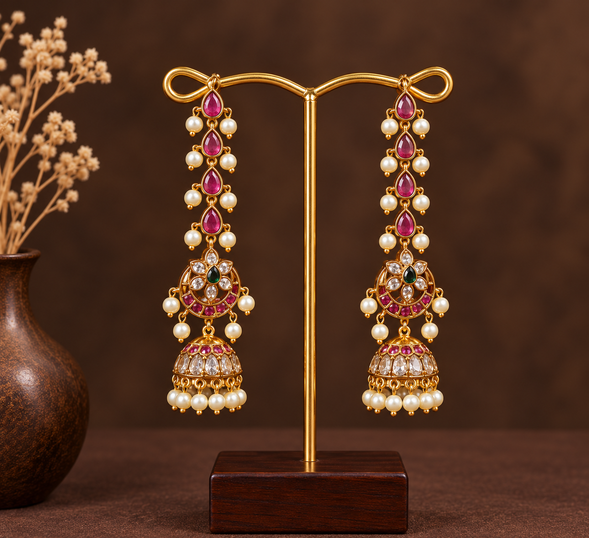 Ruby Jhumkas with kundan pearl matil