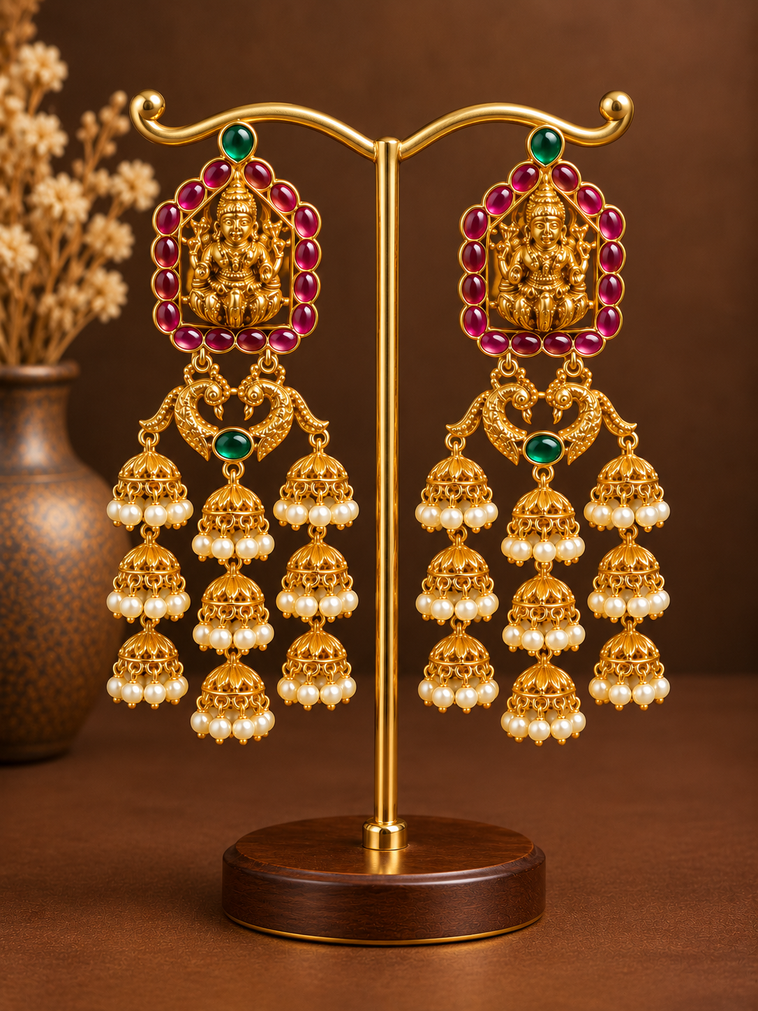 Lakshmi Peacock Triple Cascade Jhumkas