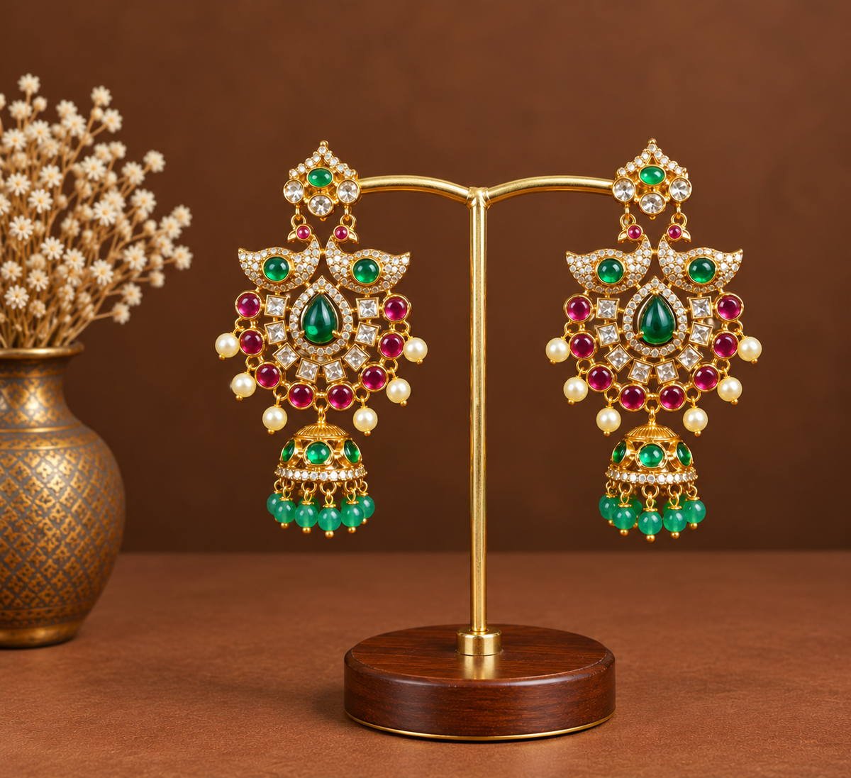 Twin Peacock Green Ruby Jhumkas