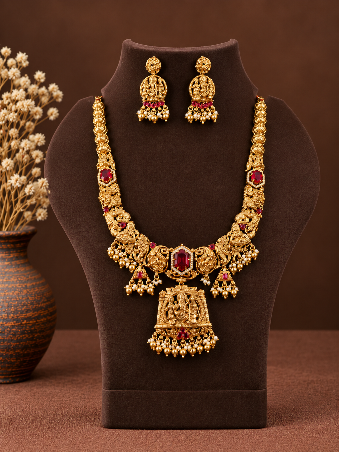 Temple Pendant Necklace Set with Ruby Hexagon Stone