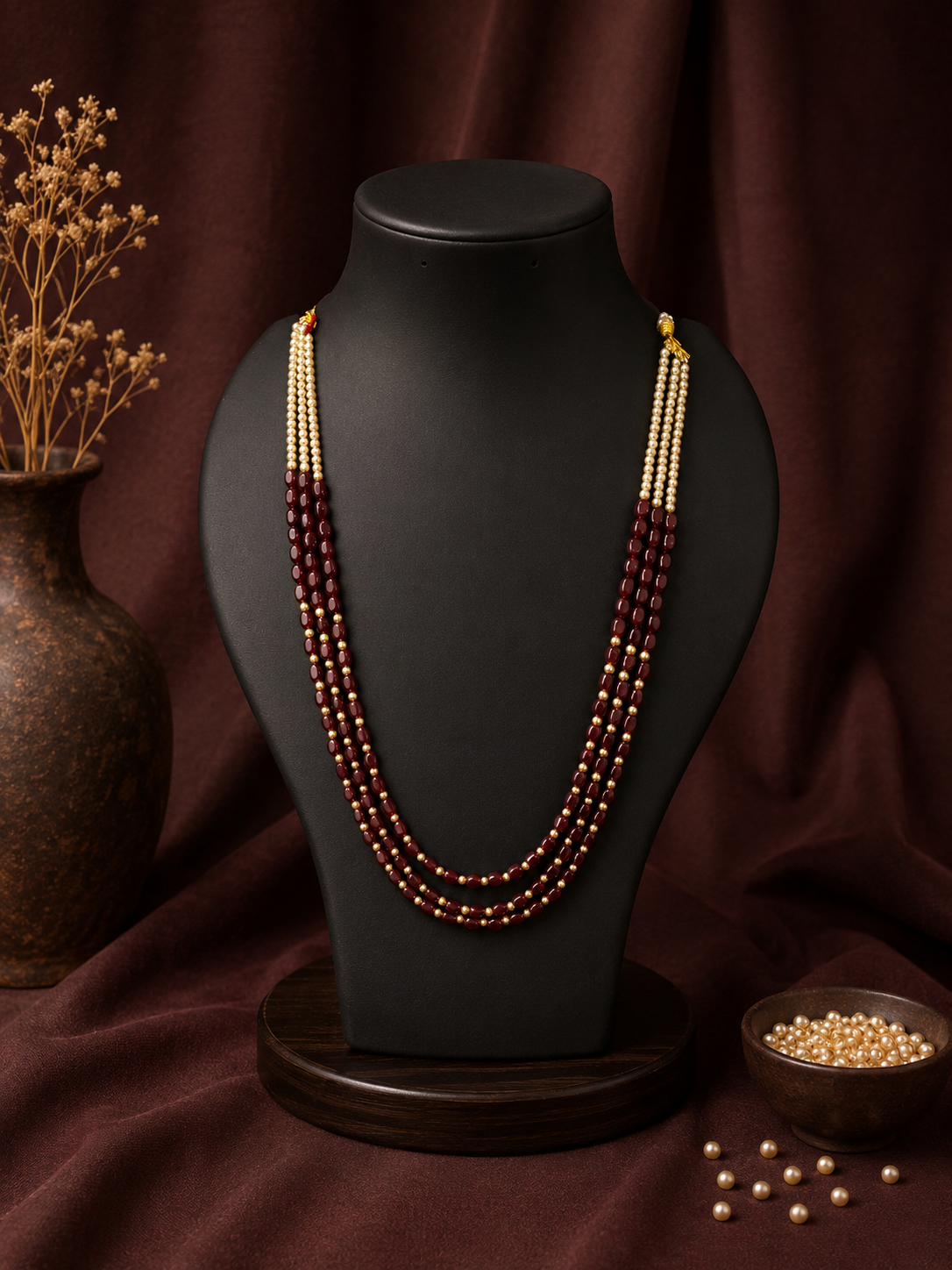 3 Layered Maroon Pearl Mala