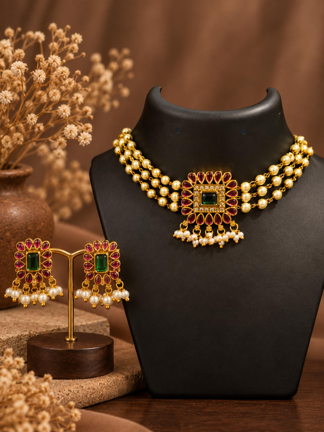 Pearl Choker Necklace Set with Kundan Pendant
