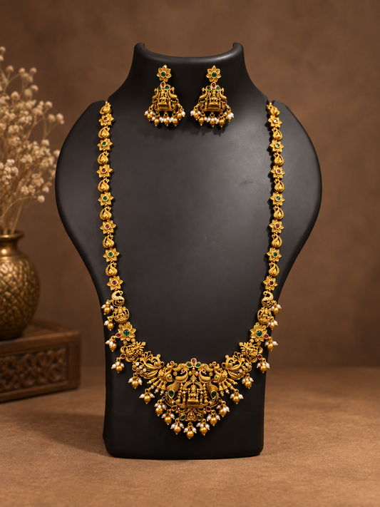 Peacock and Lakshmi Motif Floral Haram Necklace Set