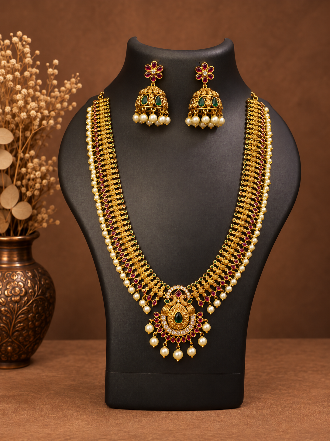 Ruby Emerald Peacock Haram Necklace Set with Jhumka Earrings