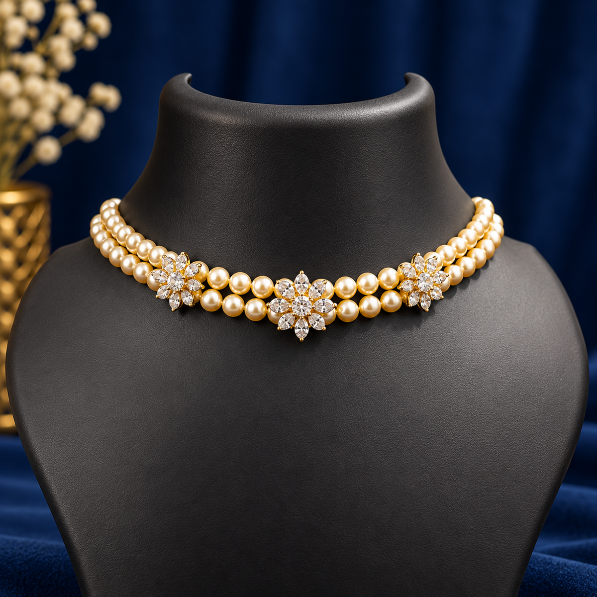 Pearl Choker Necklace with Floral CZ Accents