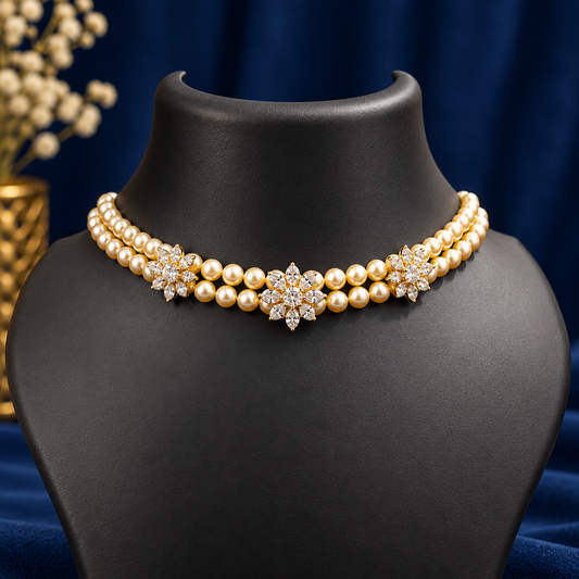 Pearl Choker Necklace with Floral CZ Accents