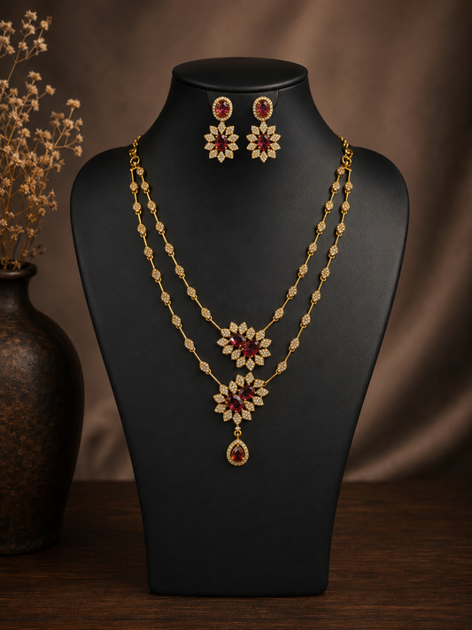 Ruby Starburst Double Layer Necklace Set