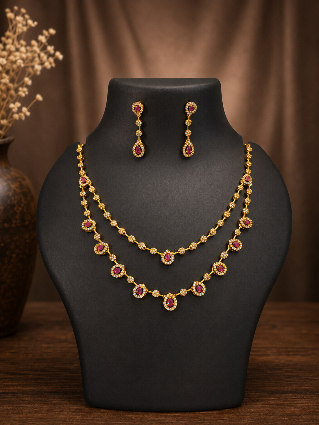 Ruby Halo Double Layer Necklace Set
