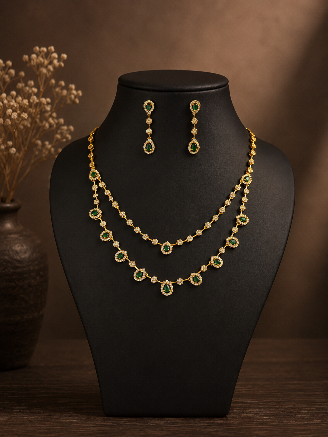 Green Halo Double Layer Necklace Set