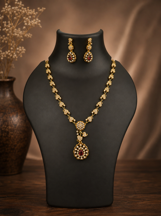 Ruby Floral Pendant Necklace Set