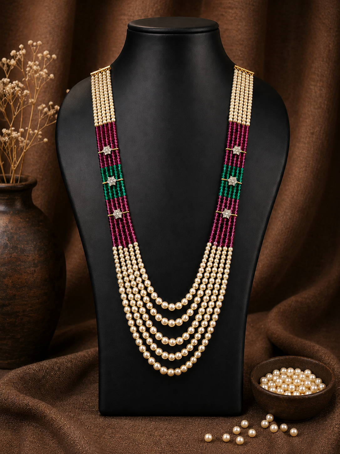 5 Layered Pearl Chain-Pink & Green