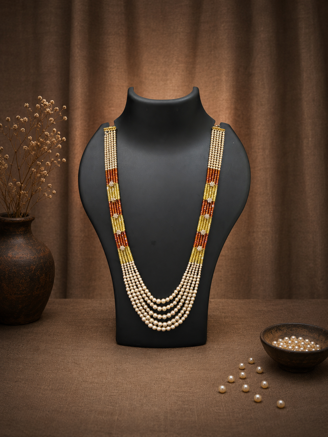 5 Layered Pearl Chain-Yellow & Orange