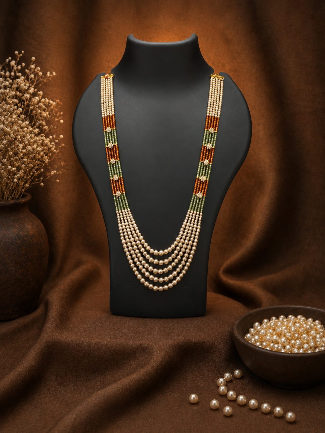 5 Layered Pearl Chain-Green & Orange
