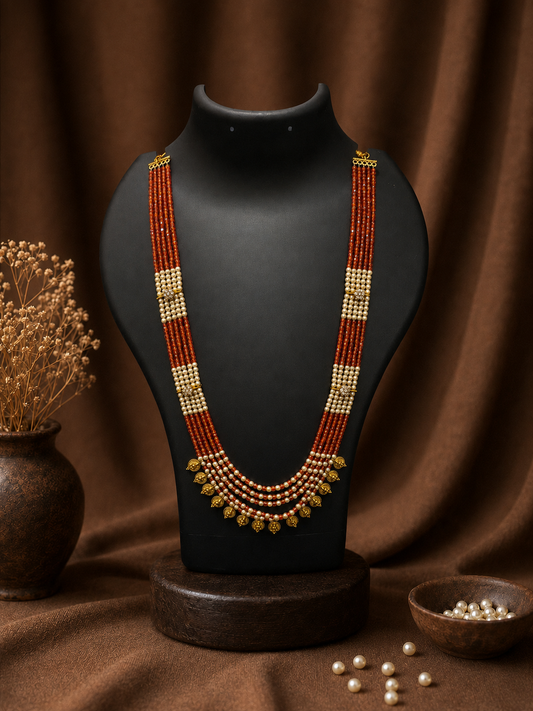 5 Layered Orange Pearl Kasu Mala