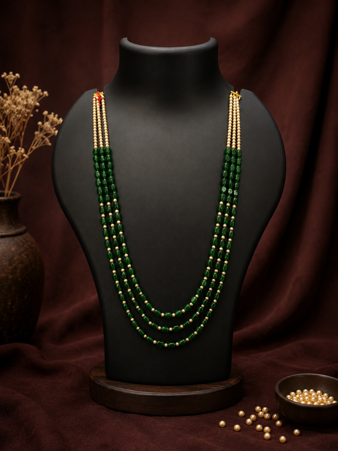 3 Layered Bottle Green Pearl Mala