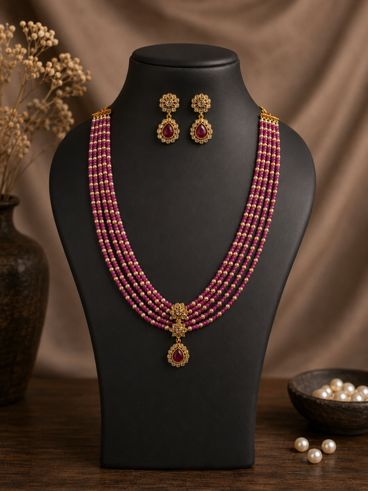 Ruby Pink Beads Necklace Set