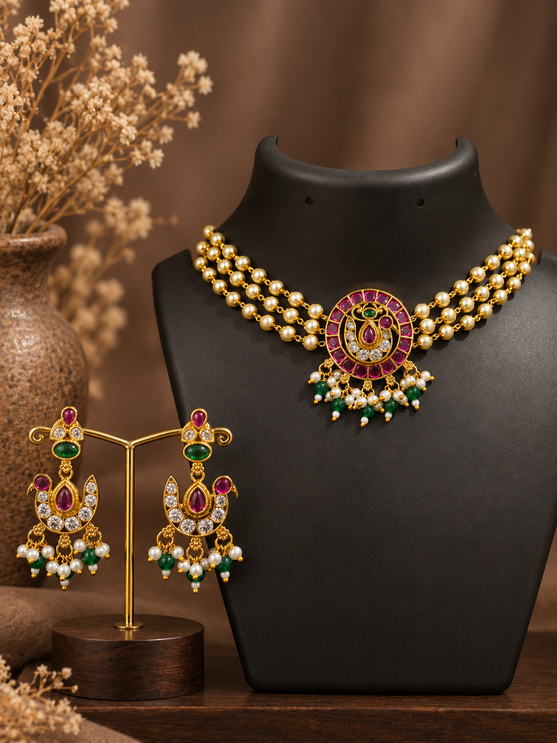 Pearl Choker Necklace Set with Peacock Pendant
