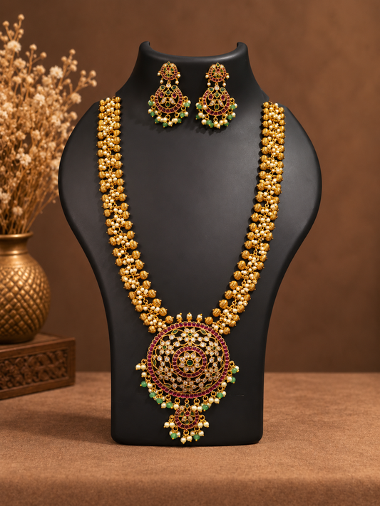 Floral Kundan Haram Necklace Set with Pearl Clusters
