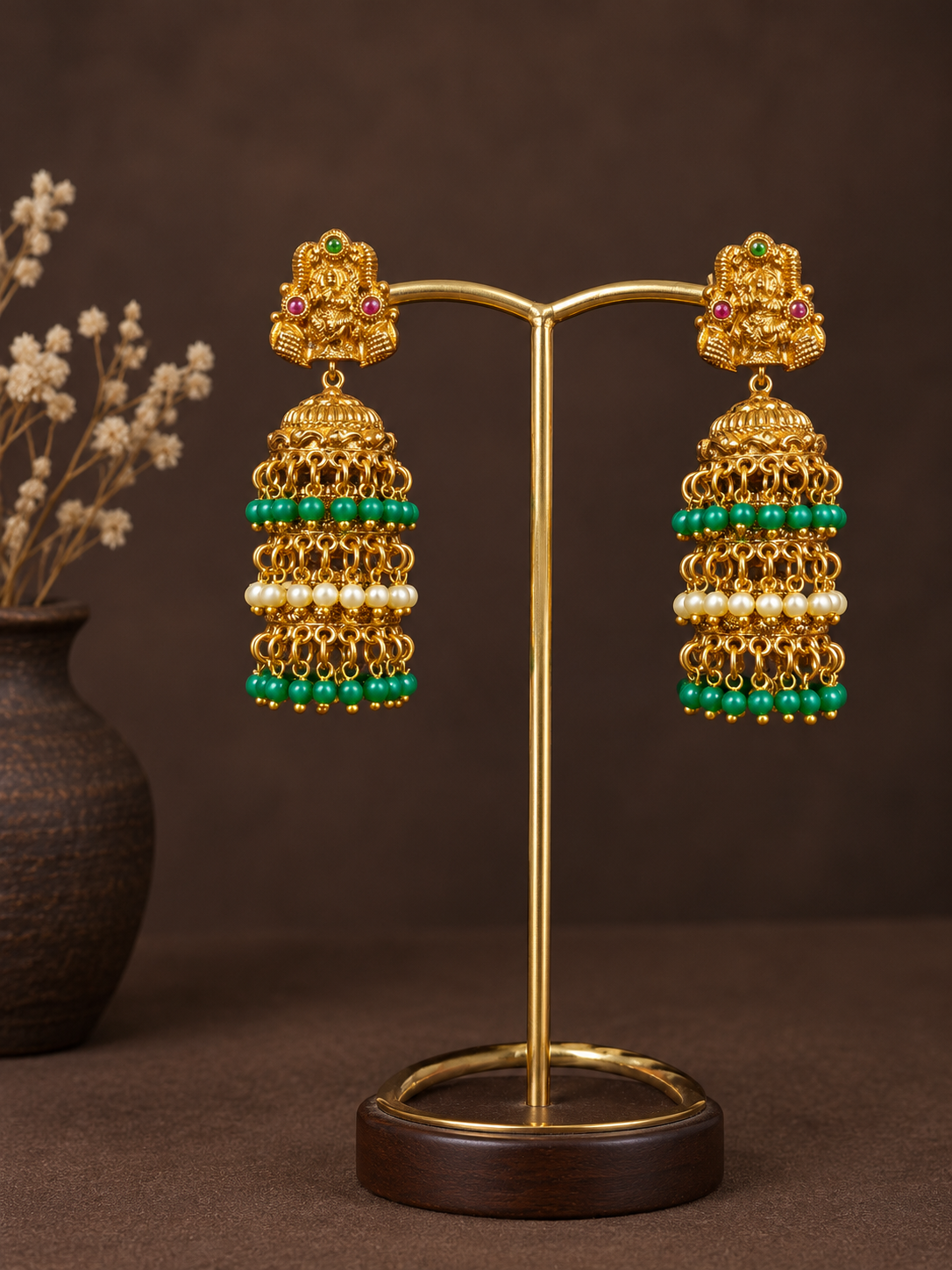 Lakshmi Green Bead Tiered Jhumkas