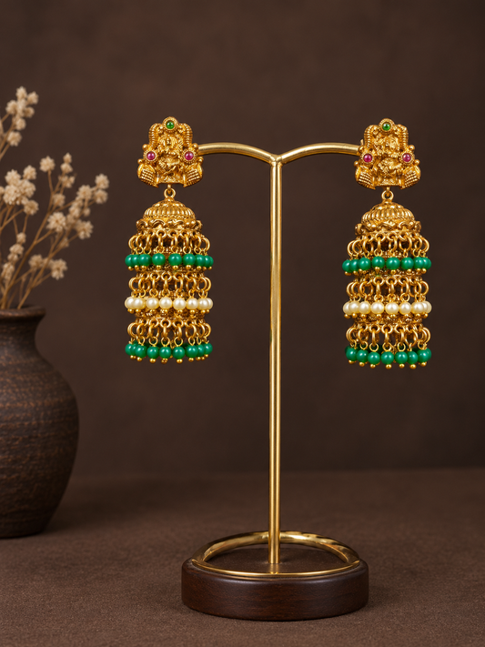 Lakshmi Green Bead Tiered Jhumkas
