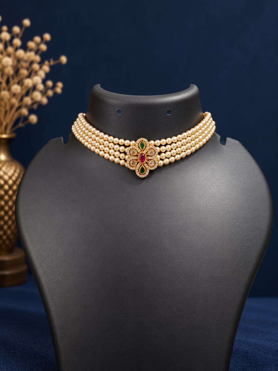 Multi-Strand Pearl Choker with Ruby Emerald Floral Pendant
