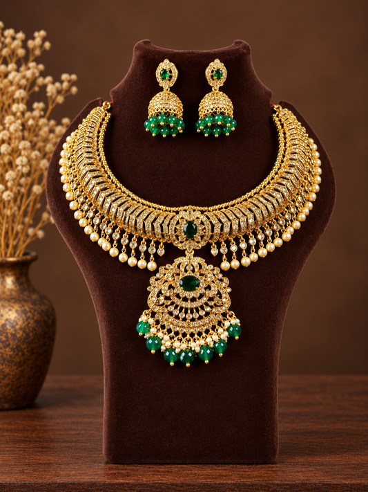 White Stone Pearl Fringe Necklace Set – Emerald Green