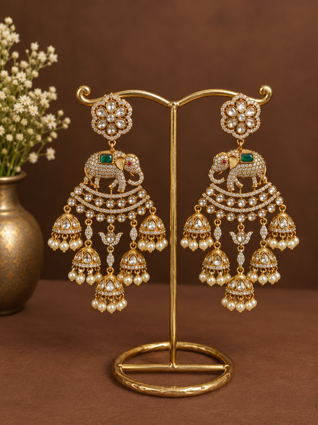 White Stone Elephant Chandelier Jhumkas