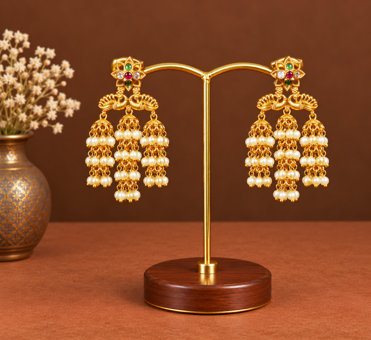Peacock Pearl Column Jhumkas