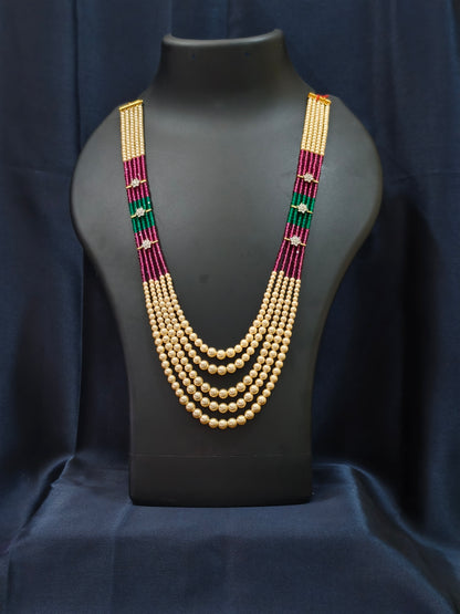 5 Layered Pearl Chain-Pink & Green