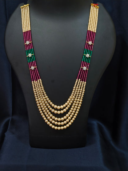 5 Layered Pearl Chain-Pink & Green