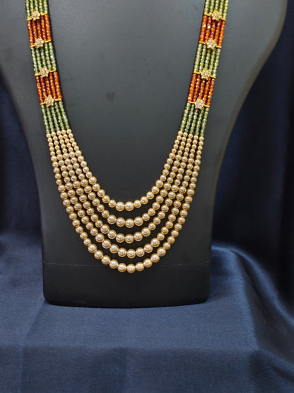 5 Layered Pearl Chain-Green & Orange