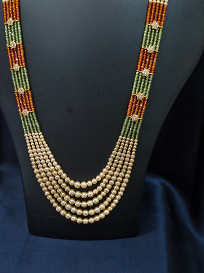 5 Layered Pearl Chain-Green & Orange