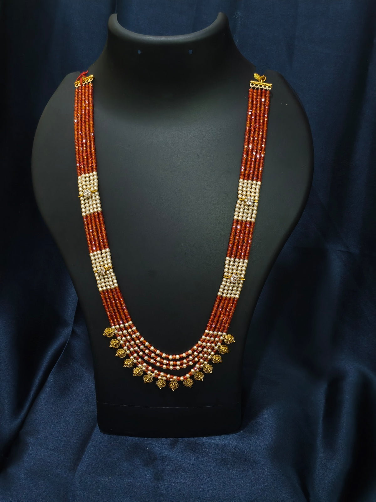 5 Layered Orange Pearl Kasu Mala