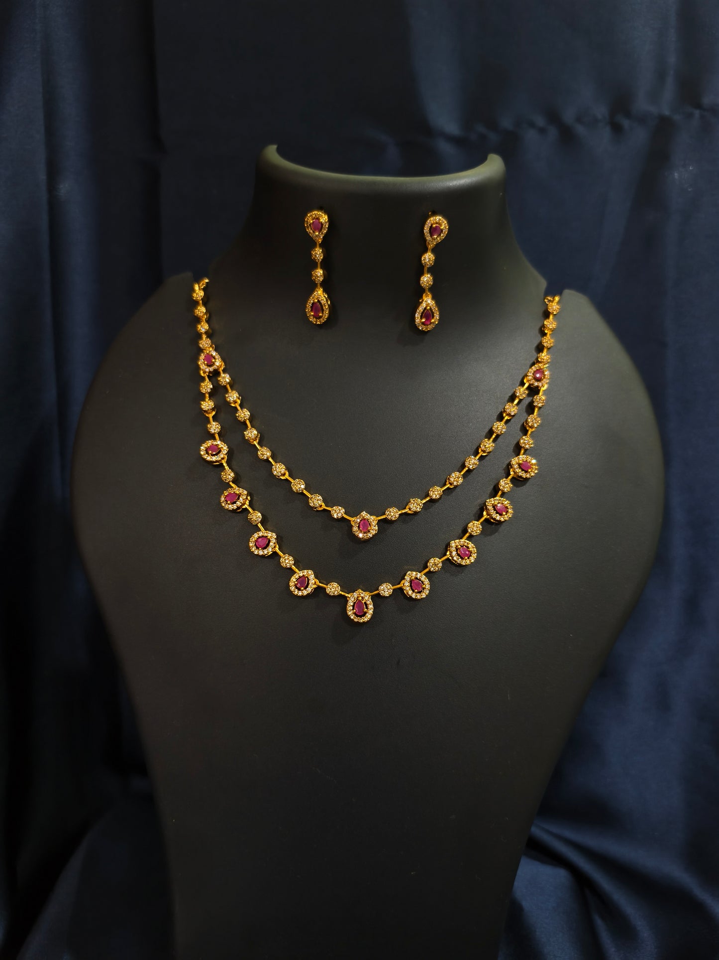 Ruby Halo Double Layer Necklace Set