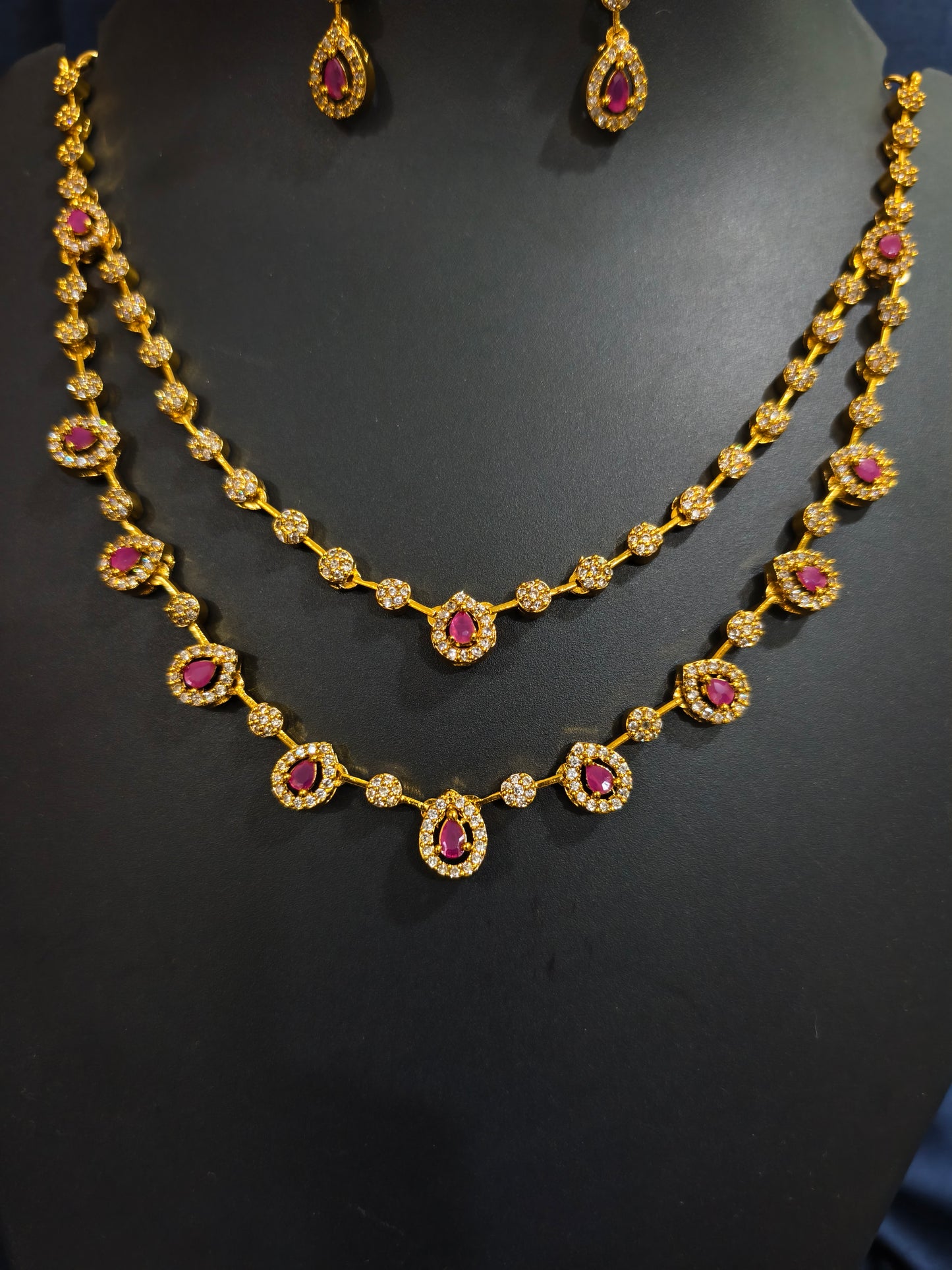 Ruby Halo Double Layer Necklace Set