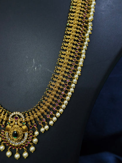 Ruby Emerald Peacock Haram Necklace Set with Jhumka Earrings