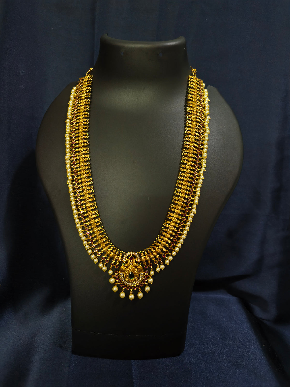 Ruby Emerald Peacock Haram Necklace Set with Jhumka Earrings