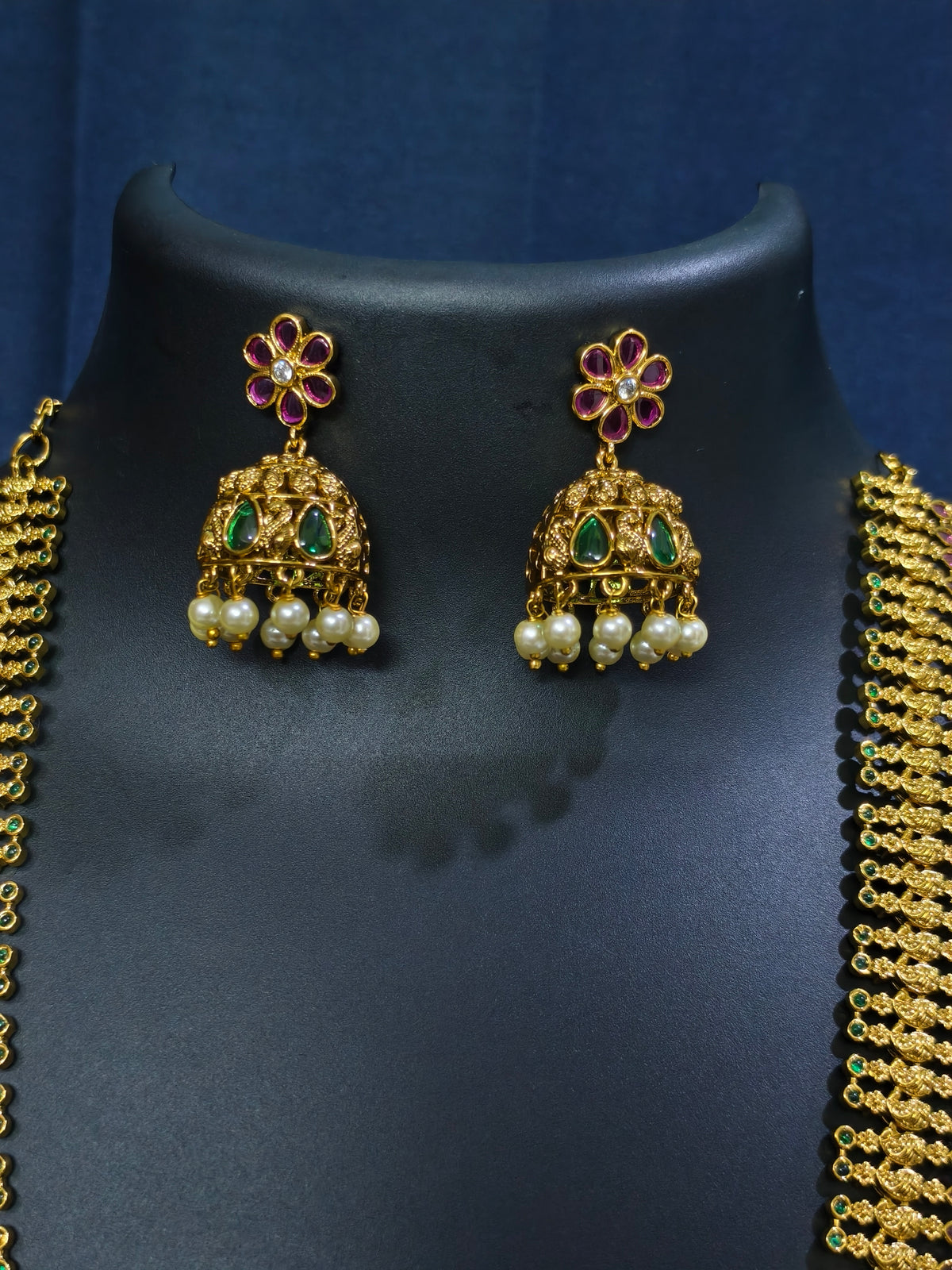 Ruby Emerald Peacock Haram Necklace Set with Jhumka Earrings