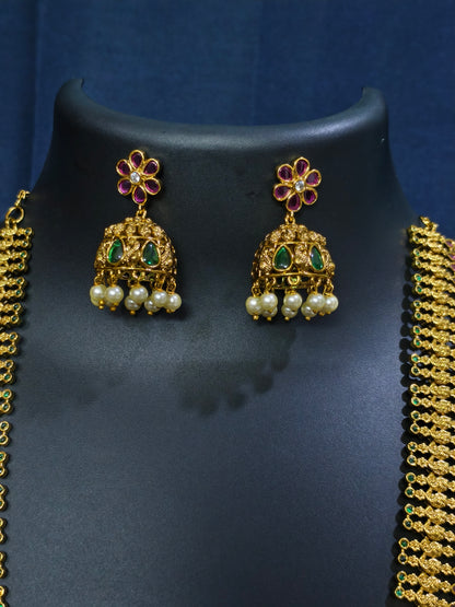 Ruby Emerald Peacock Haram Necklace Set with Jhumka Earrings
