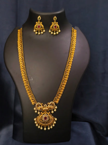 Double Peacock Haram Necklace Set with Pearl Drops