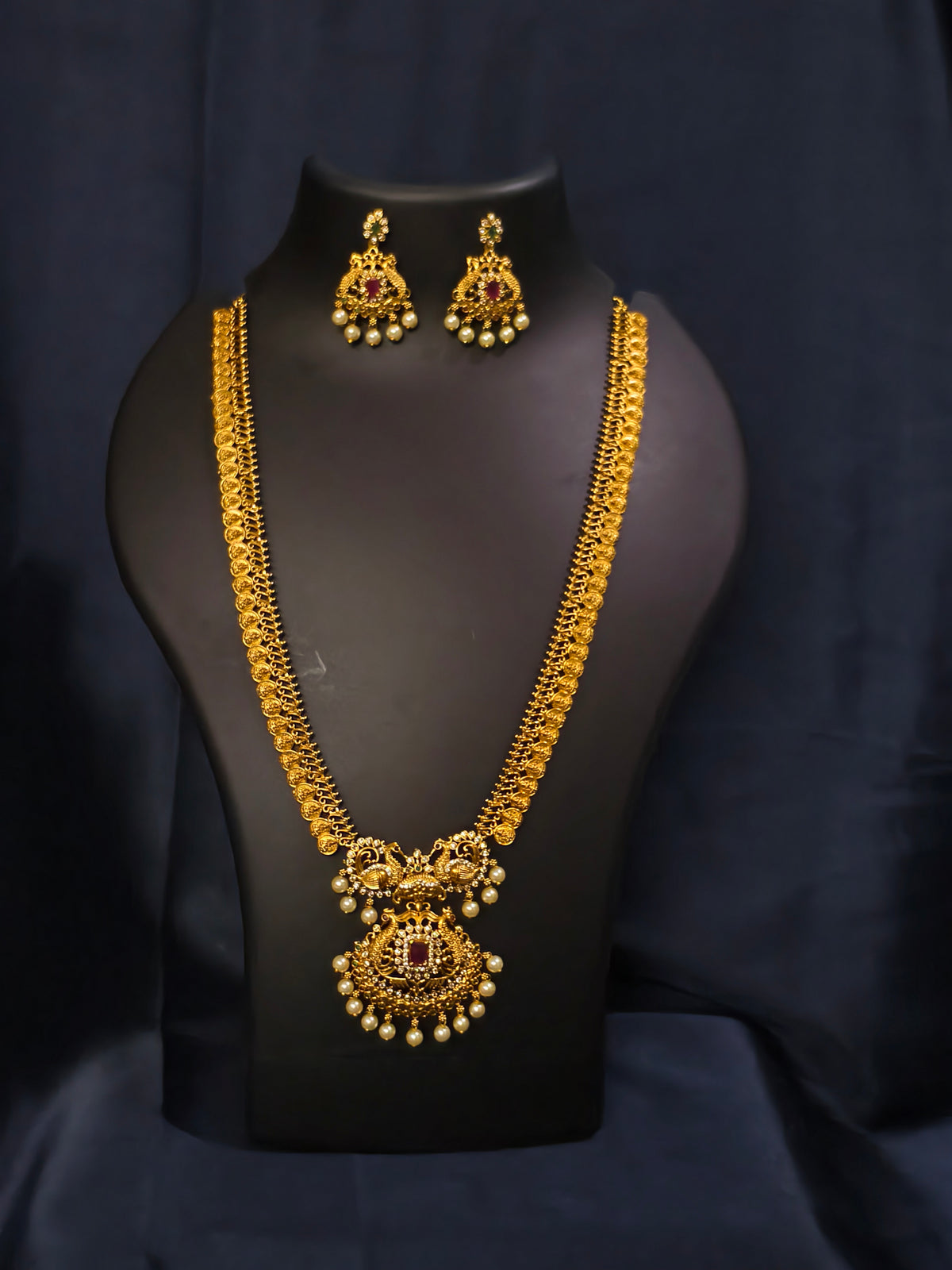 Double Peacock Haram Necklace Set with Pearl Drops